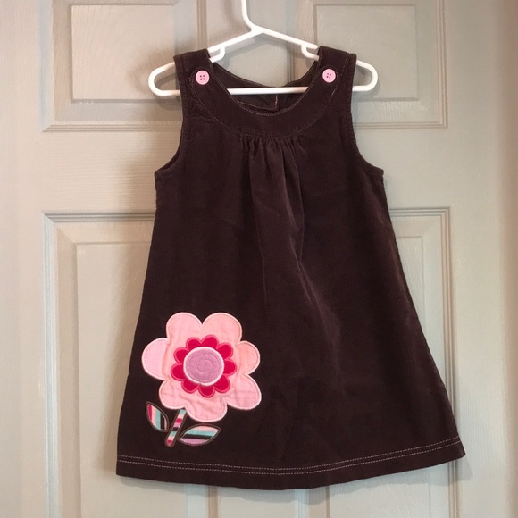 Youngland Girl 5T Vintage Applique Flower Sleeveless Brown Cotton Corduroy Dress - Picture 1 of 6